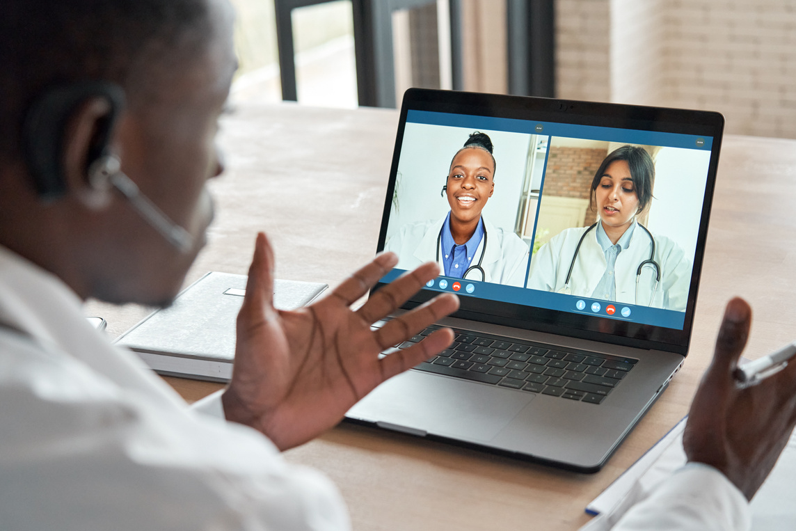 Multicultural Doctors Team Conferencing in Video Call Medical Webinar Training.